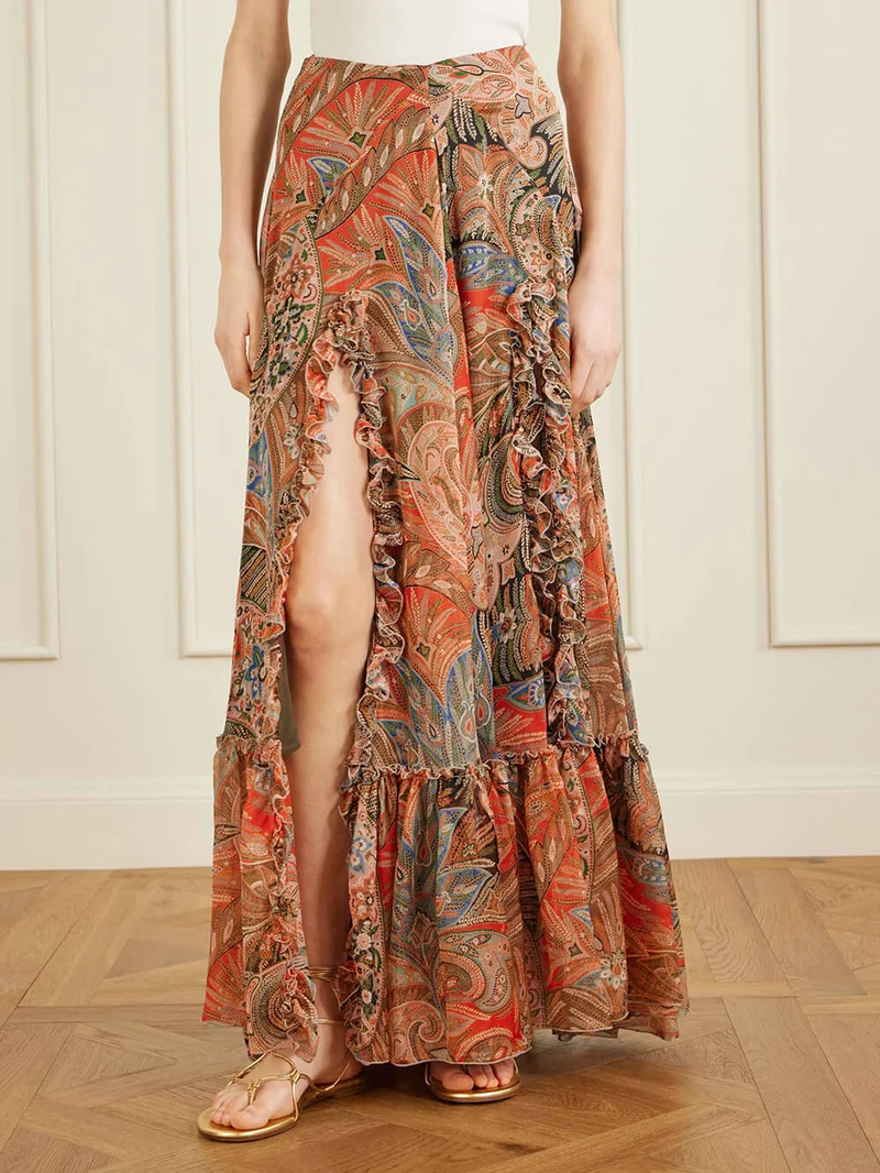 Exquisite Floral Print Ruffle Slit Maxi Skirt