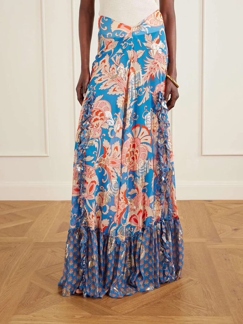 Retro Floral Print Ruffle Slit Maxi Skirt