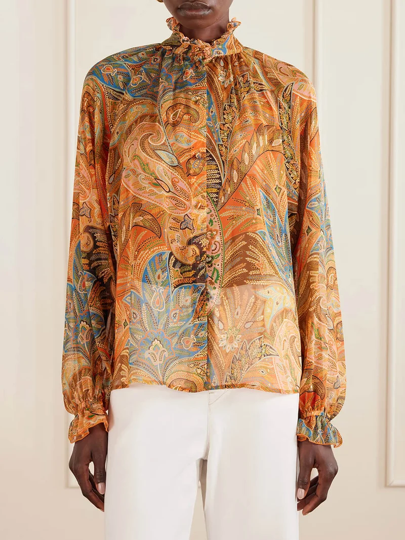 Exquisite Ruffle Trim Paisley Print Chiffon Blouse