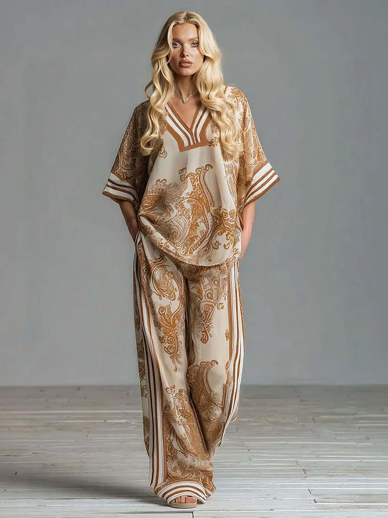 Bohemian Paisley Print Top & Wide-Leg Pants Two-Piece Set