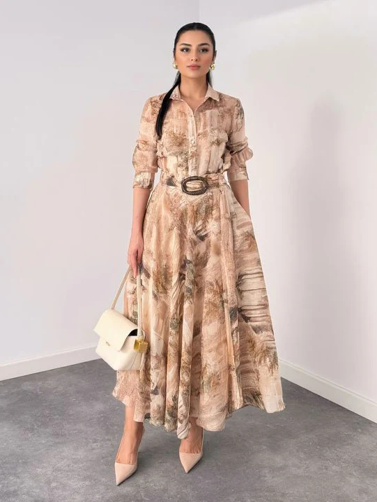 Retro Beige Abstract Print Two-Piece Set
