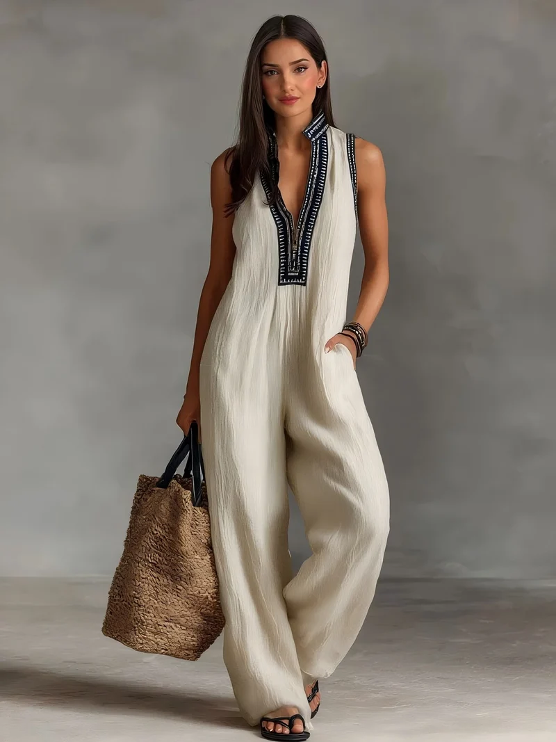 Casual Sleeveless Color-block Jumpsuit