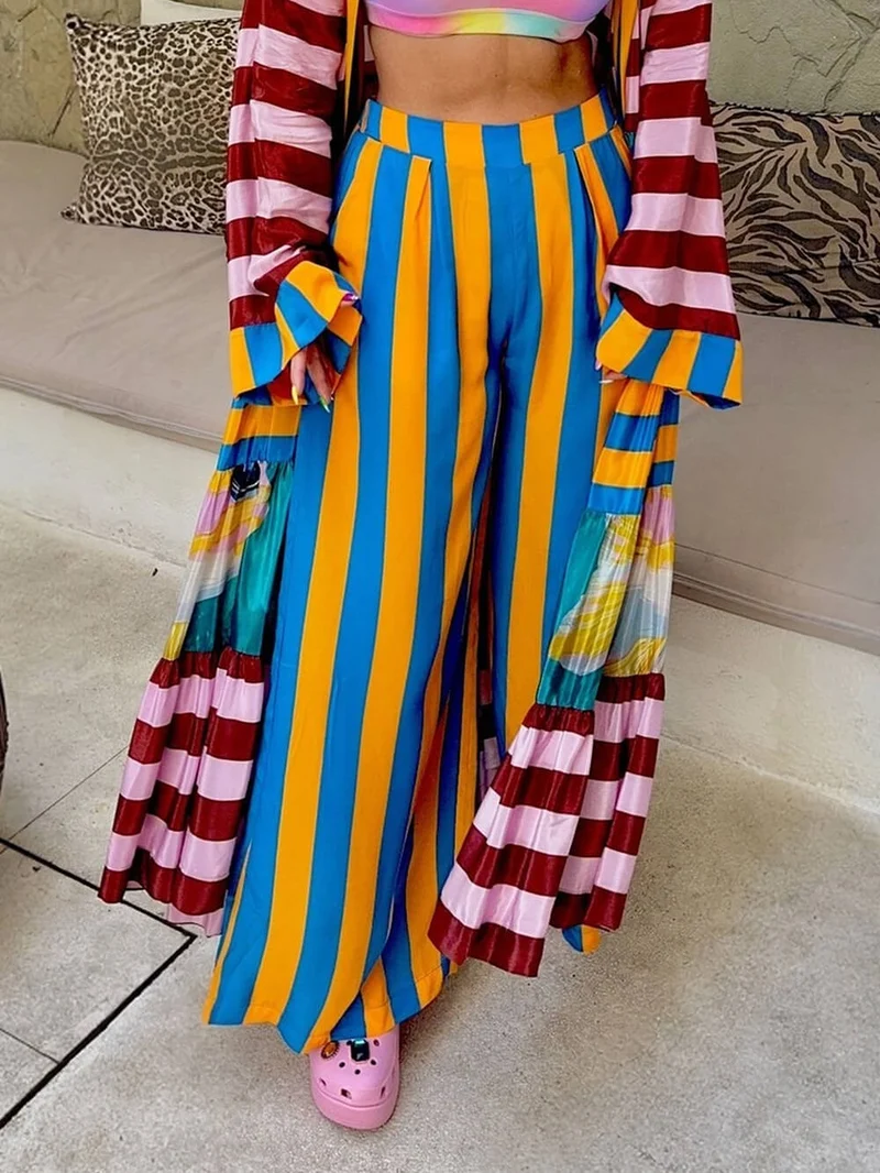 Unique Fashion Striped Print Elastic-Waist Wide-Leg Pants