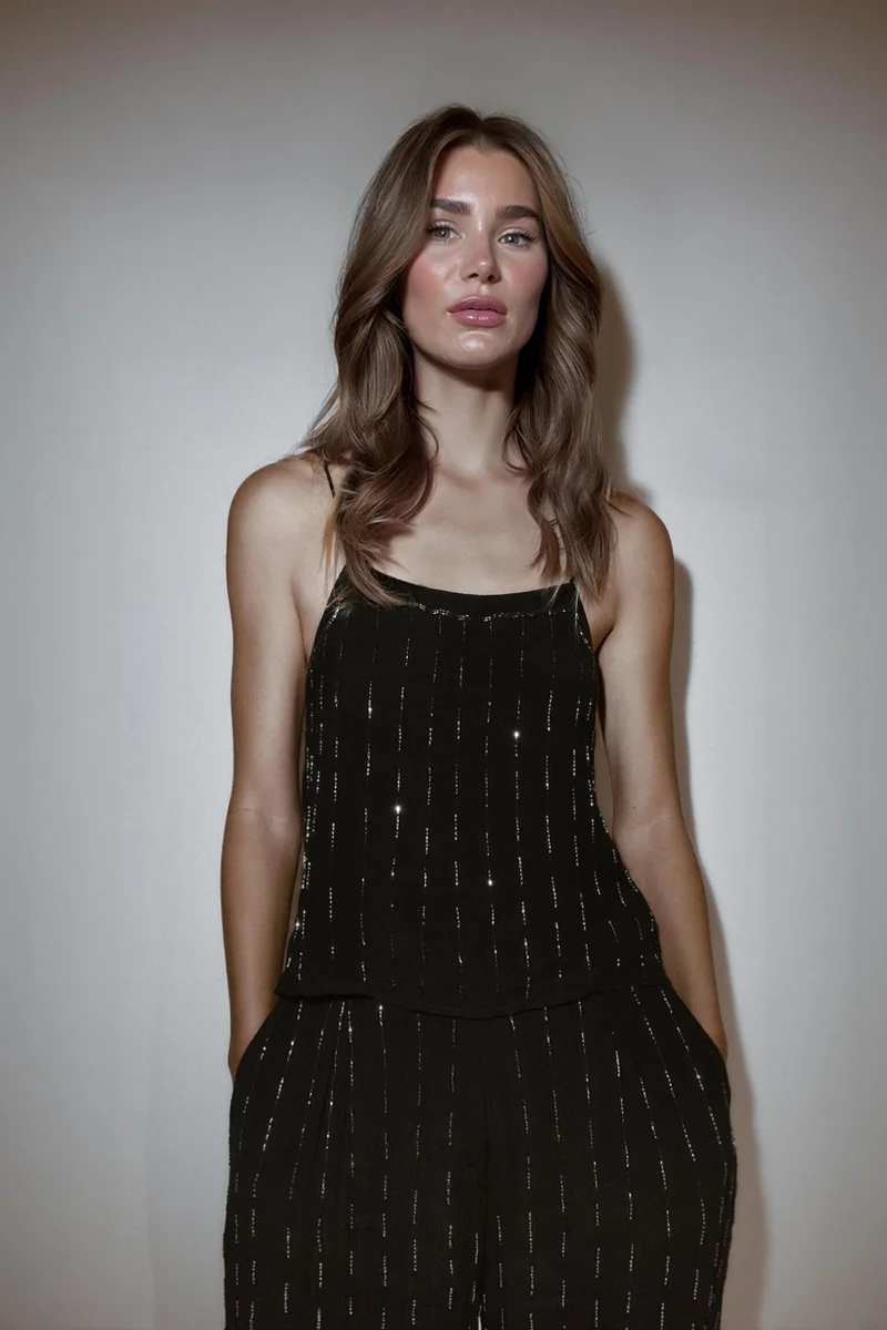 Fashionable Classic Color-Block Beaded Camisole Top