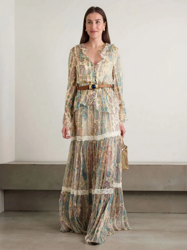 Exquisite Paisley Print Shirt And Skirt Two-piece Set
