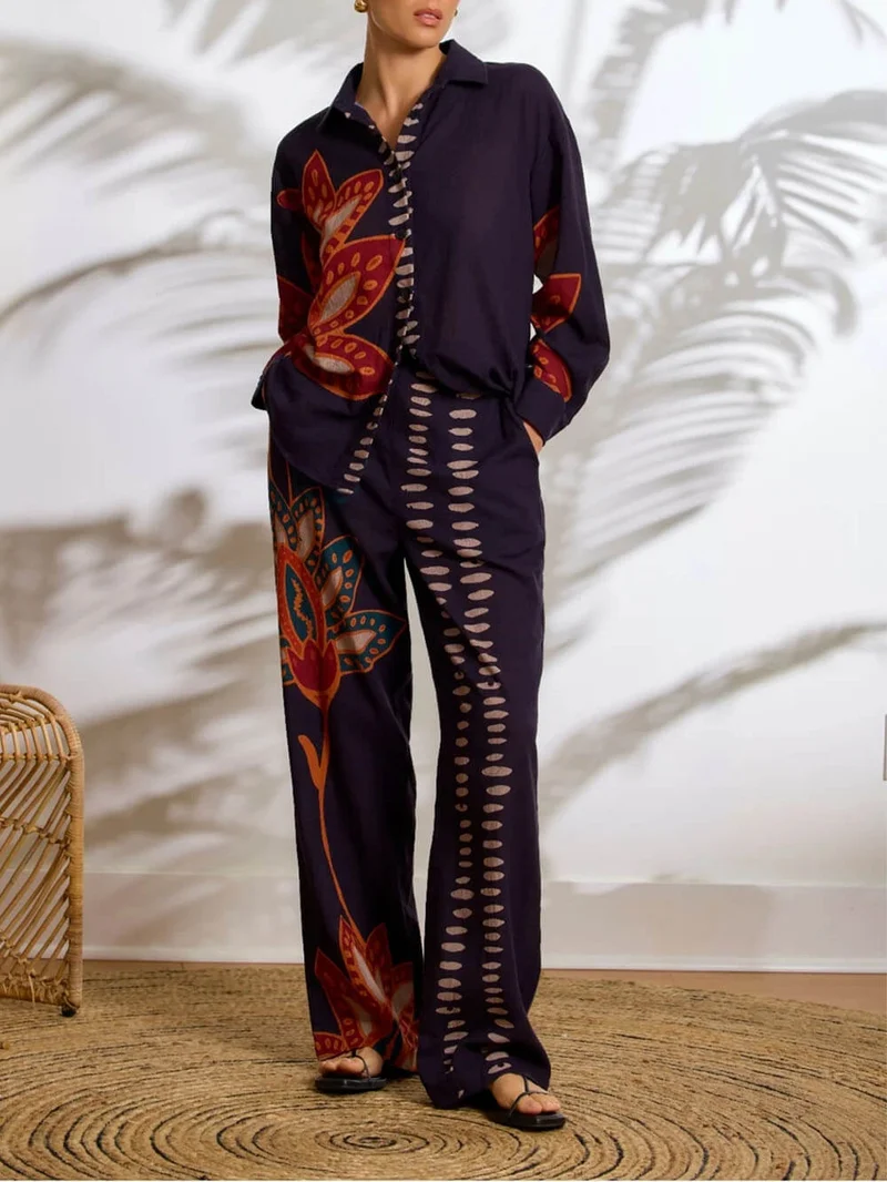 Exquisite Floral Print Linen Button-Up Top And Loose Pocket Pants Set