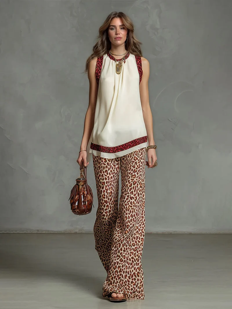 Fashion Leopard Print Chiffon Top And Elastic Waist Wide-Leg Pants Set
