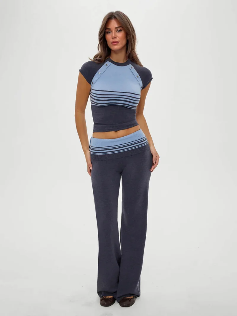 Retro Striped Button-Up Knit Shirt And Low-Rise Knit Pants Set