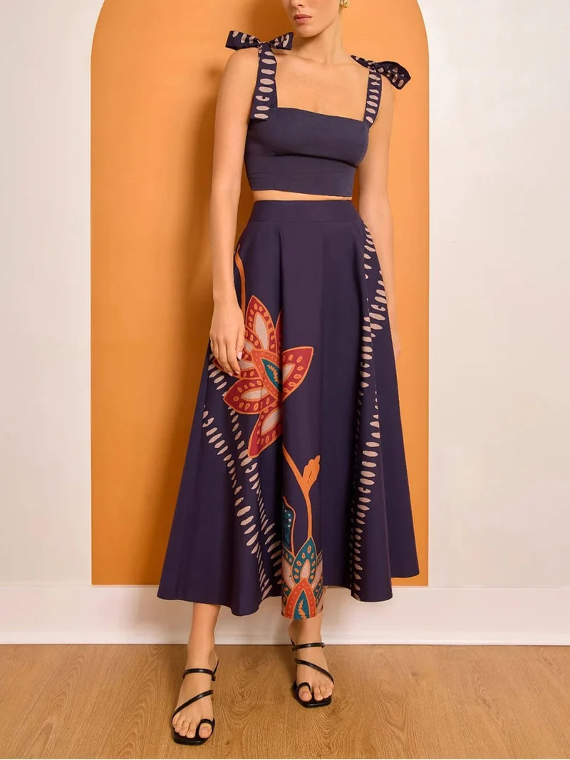 Exquisite Square-Neck Bow Tank Top And Printed A-Line High-Waist Midi Skirt Set