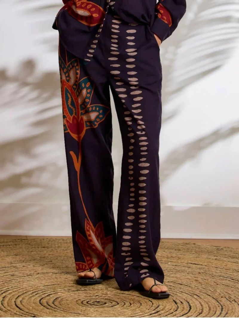 Exquisite Floral Print Linen Elastic Waist Loose Pocket Trousers