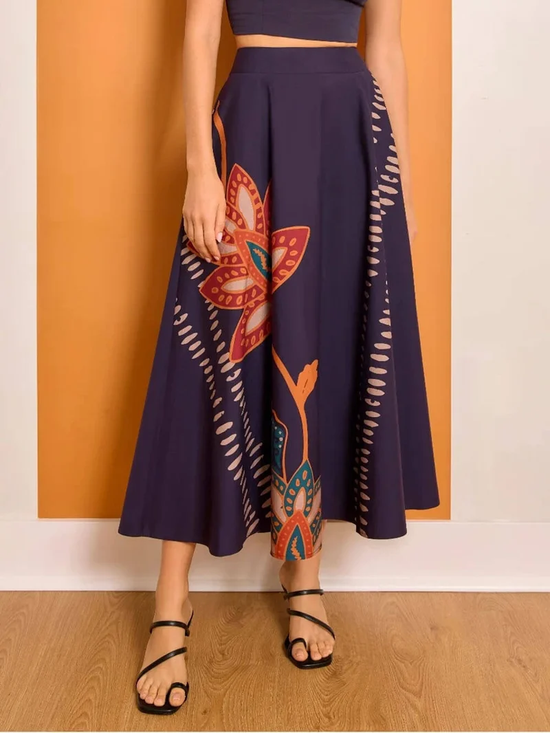 Exquisite Floral Print A-Line Pockets High-Waist Midi Skirt