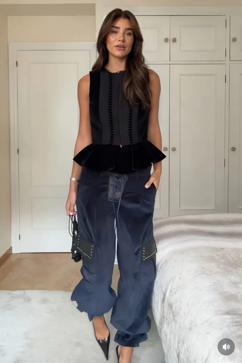 Retro Fashion Ruffled Sleeveless Vest Corduroy Drawstring Tapered Pants Set