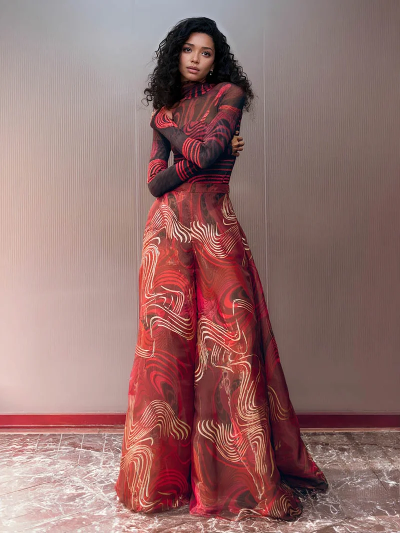 Retro Abstract Print Mesh T-shirt & Wide-leg Pants Two-piece Set