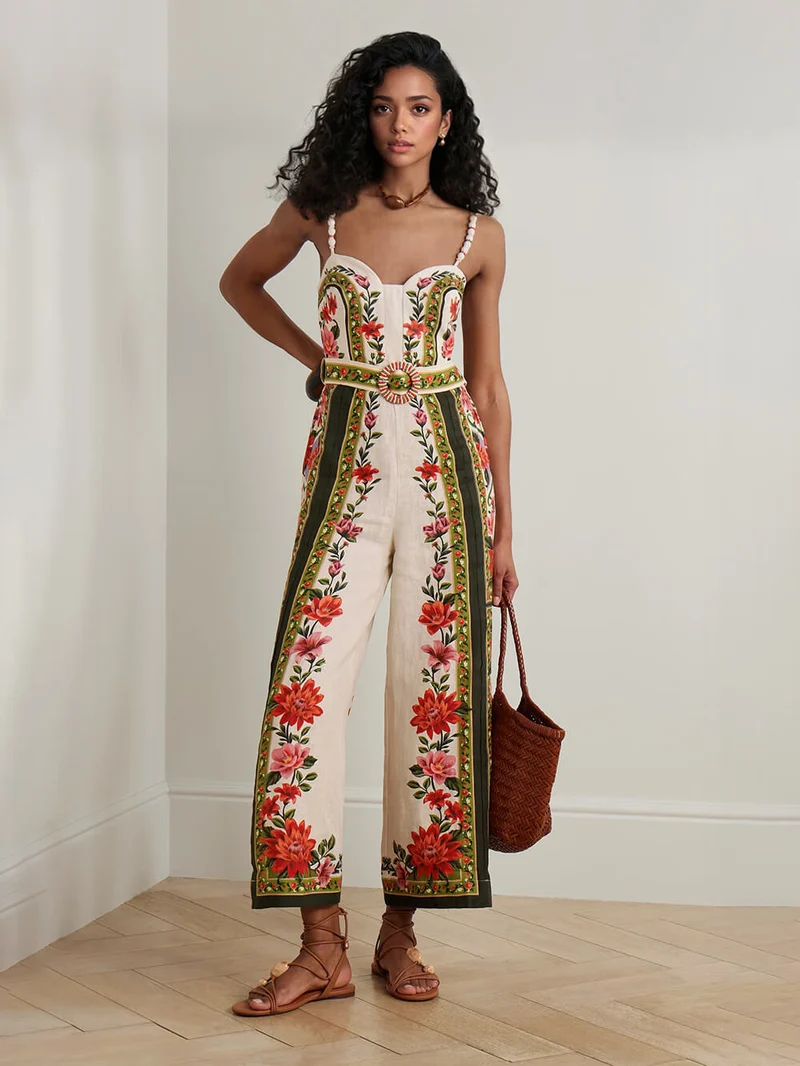 Retro Lace-up Print Linen Jumpsuit