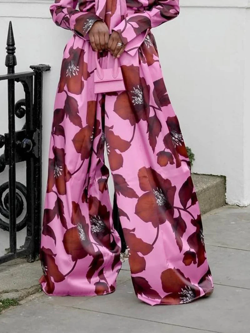 Unique Floral Print Loose High-Waist Wide-Leg Pants