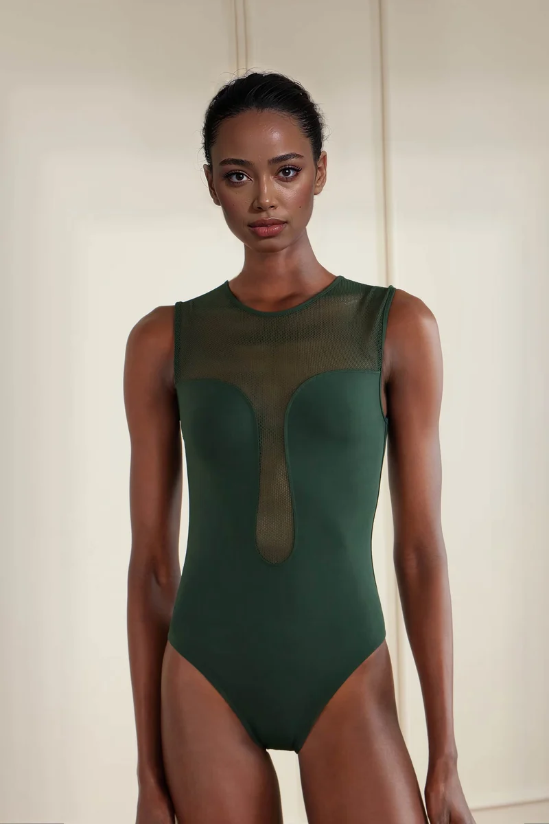 Unique Backless Mesh-Trim One-Piece Swimsuit