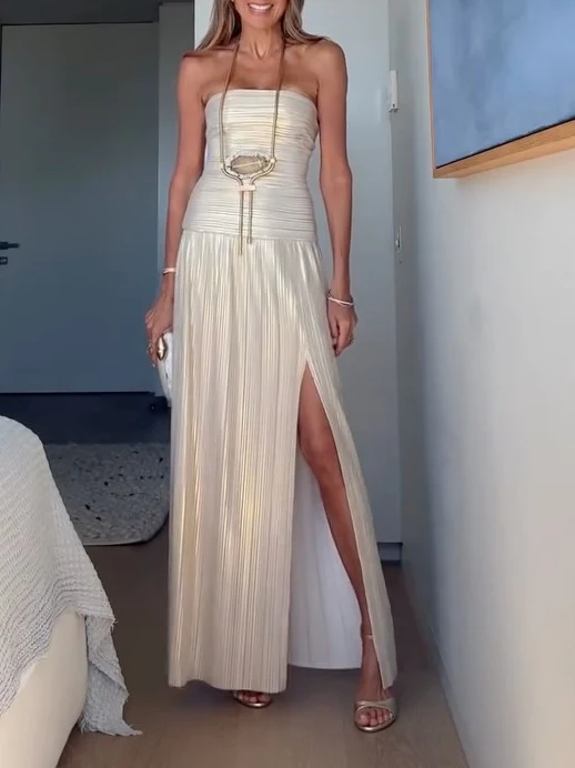 Elegant Strapless Ruched High-Slit Maxi Dress