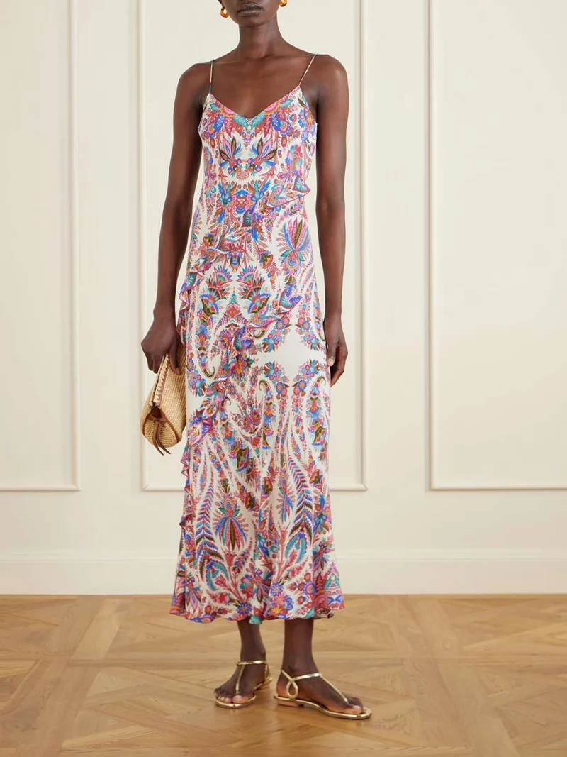 Elegant Paisley Print Ruffled Slip Maxi Dress