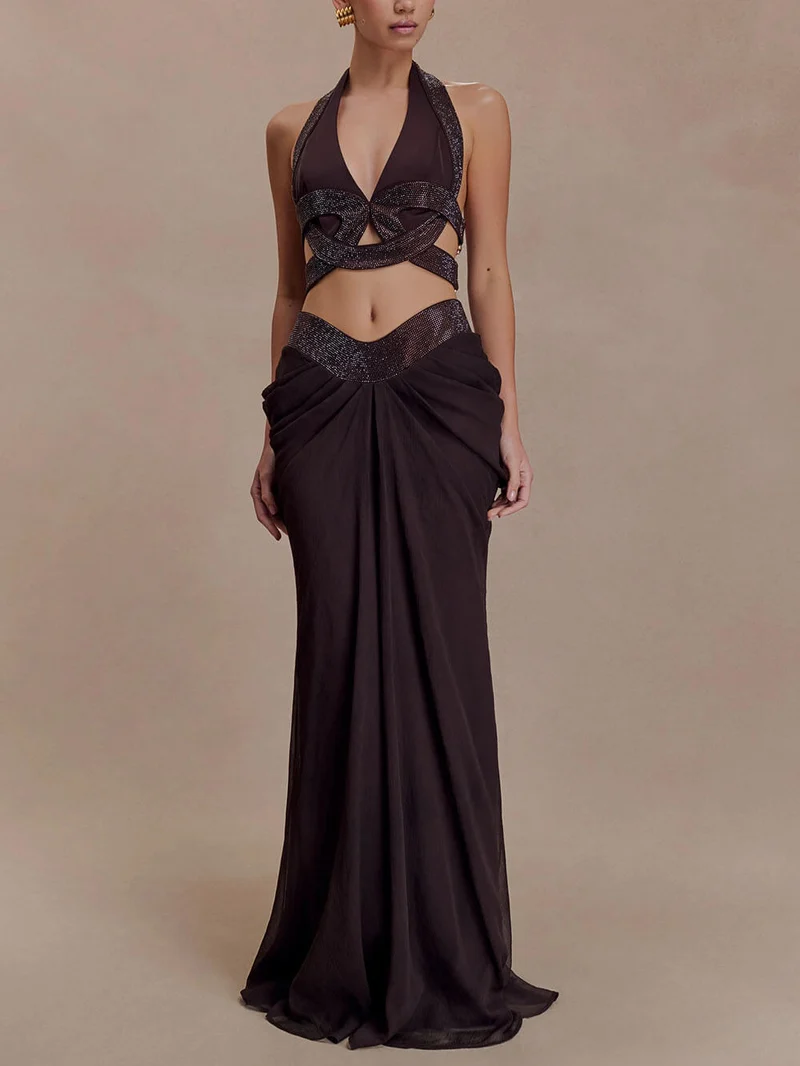 Exquisite Sequin Openwork Top And Satin Pleated Maxi Skirt Set