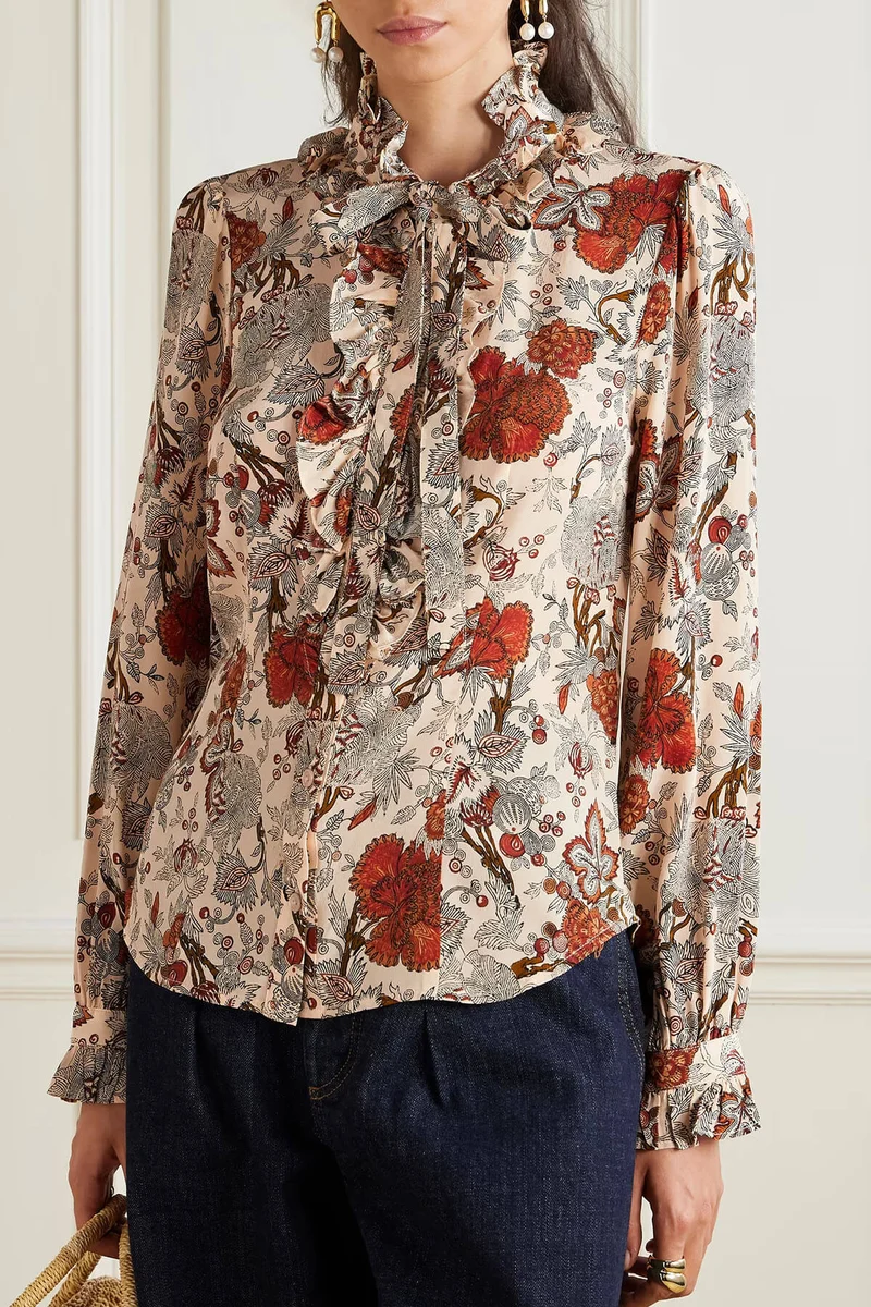 Unique Pussy-Bow Floral-Print Satin Blouse