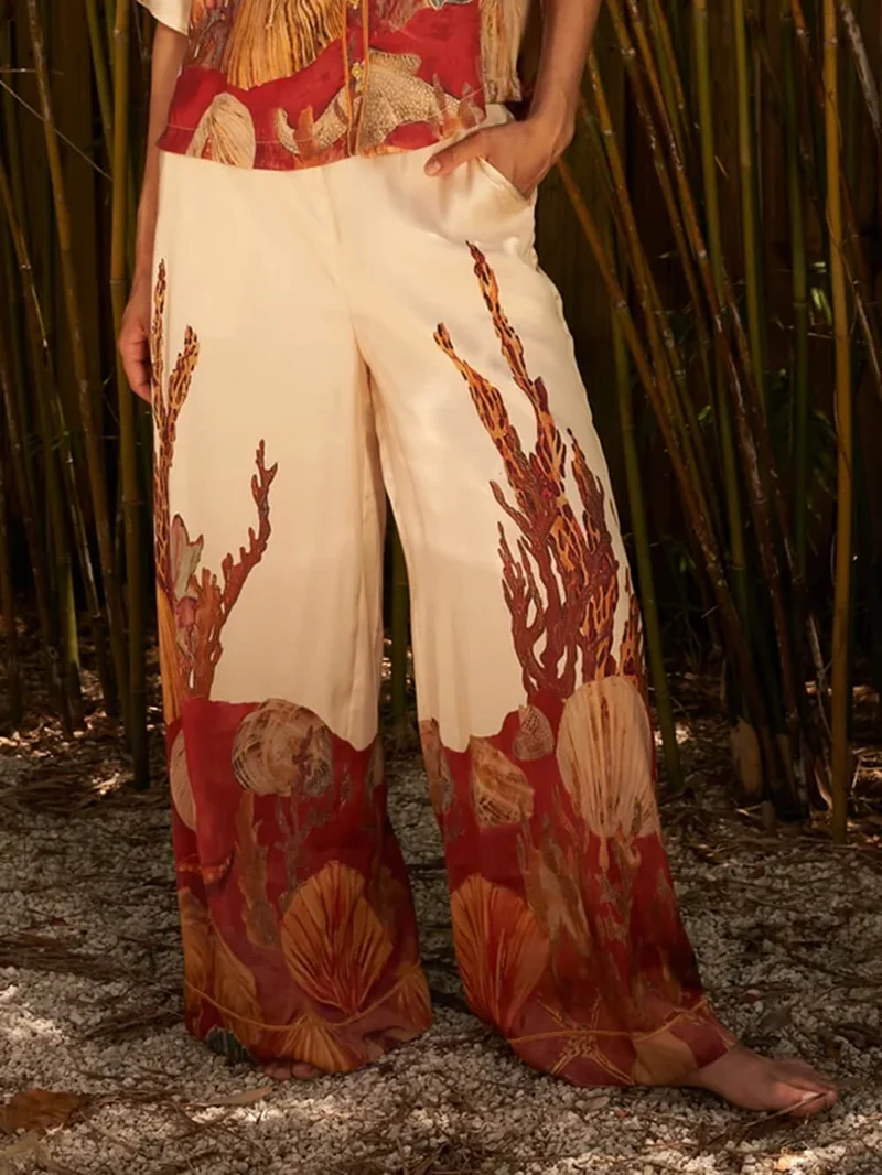Exquisite Print High-Waisted Pocket Wide-Leg Pants