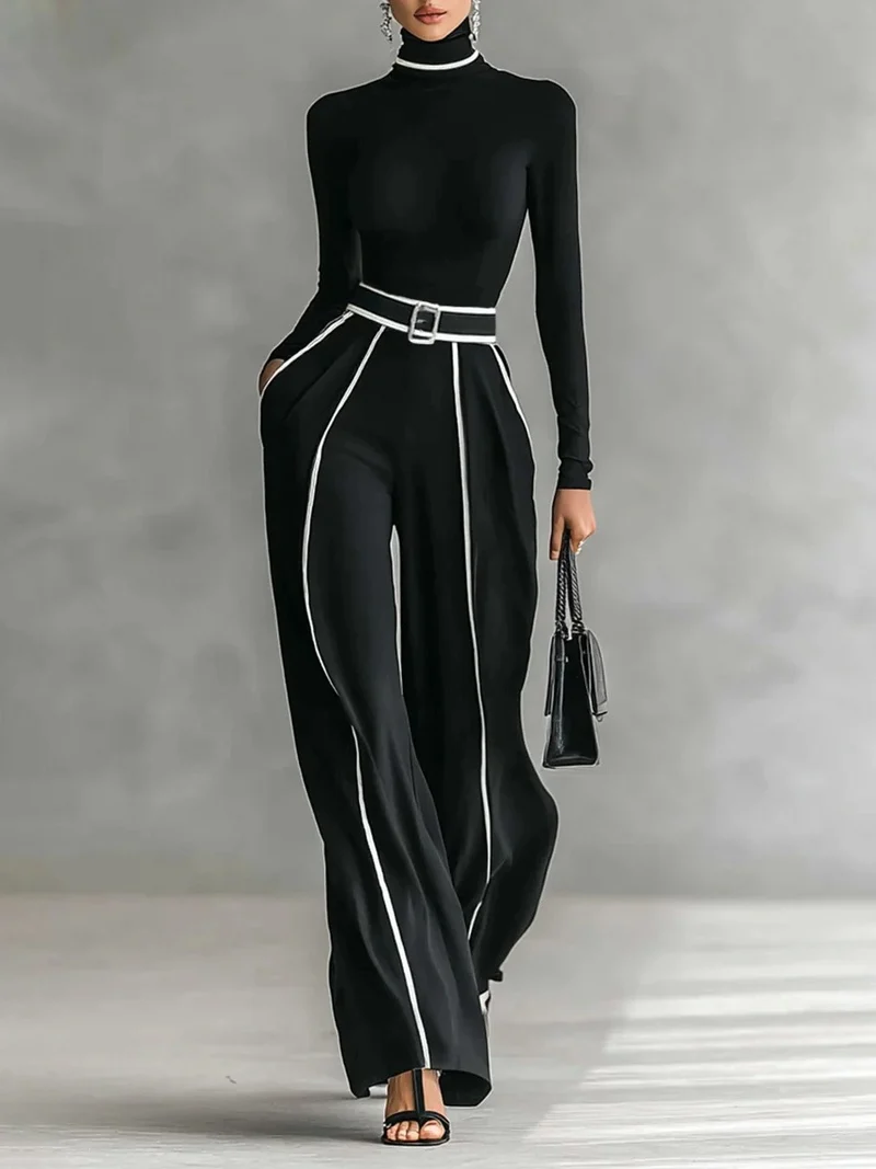 Elegant High Neck Slim Fit Long Sleeve Top Two-Piece Set