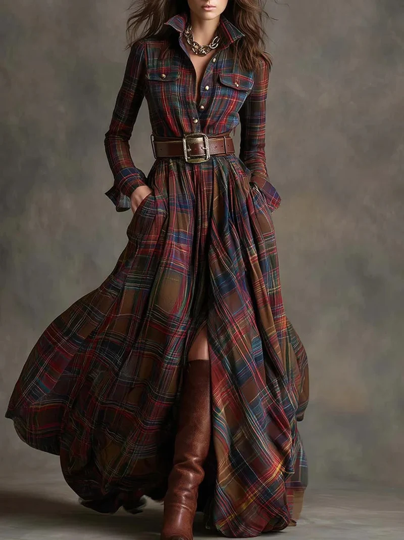 Retro Lapel Plaid Single-Breasted Maxi Dress