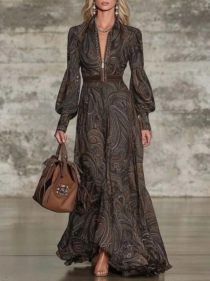 Retro Paisley Print Zipper Maxi Dress