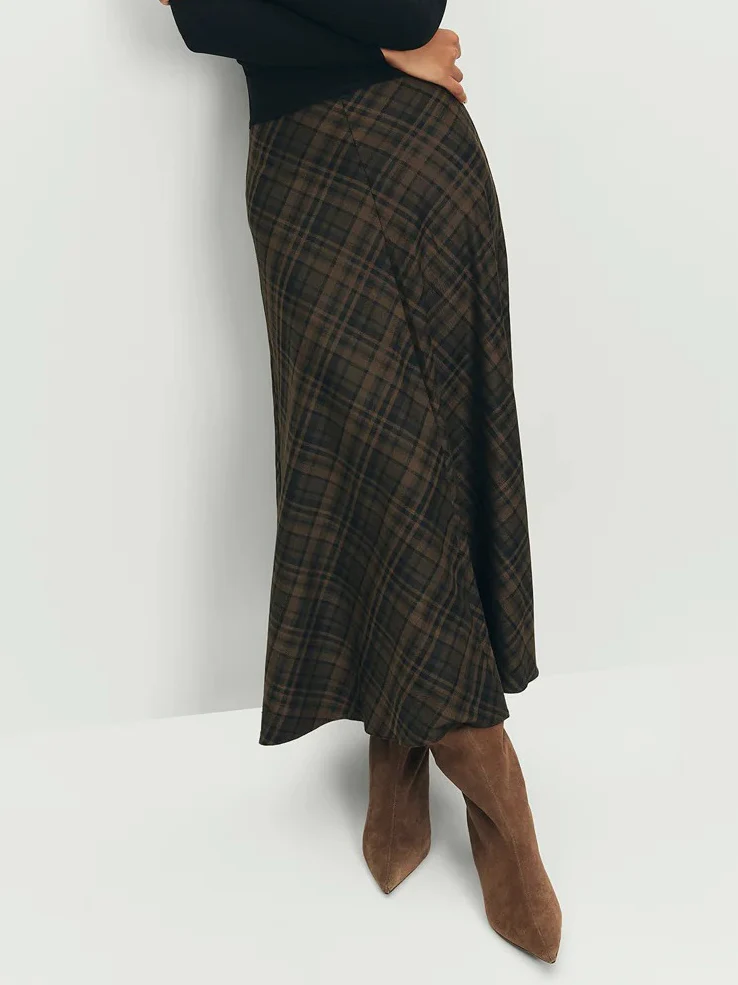 Retro Plaid High-Waist A-Line Midi Skirt
