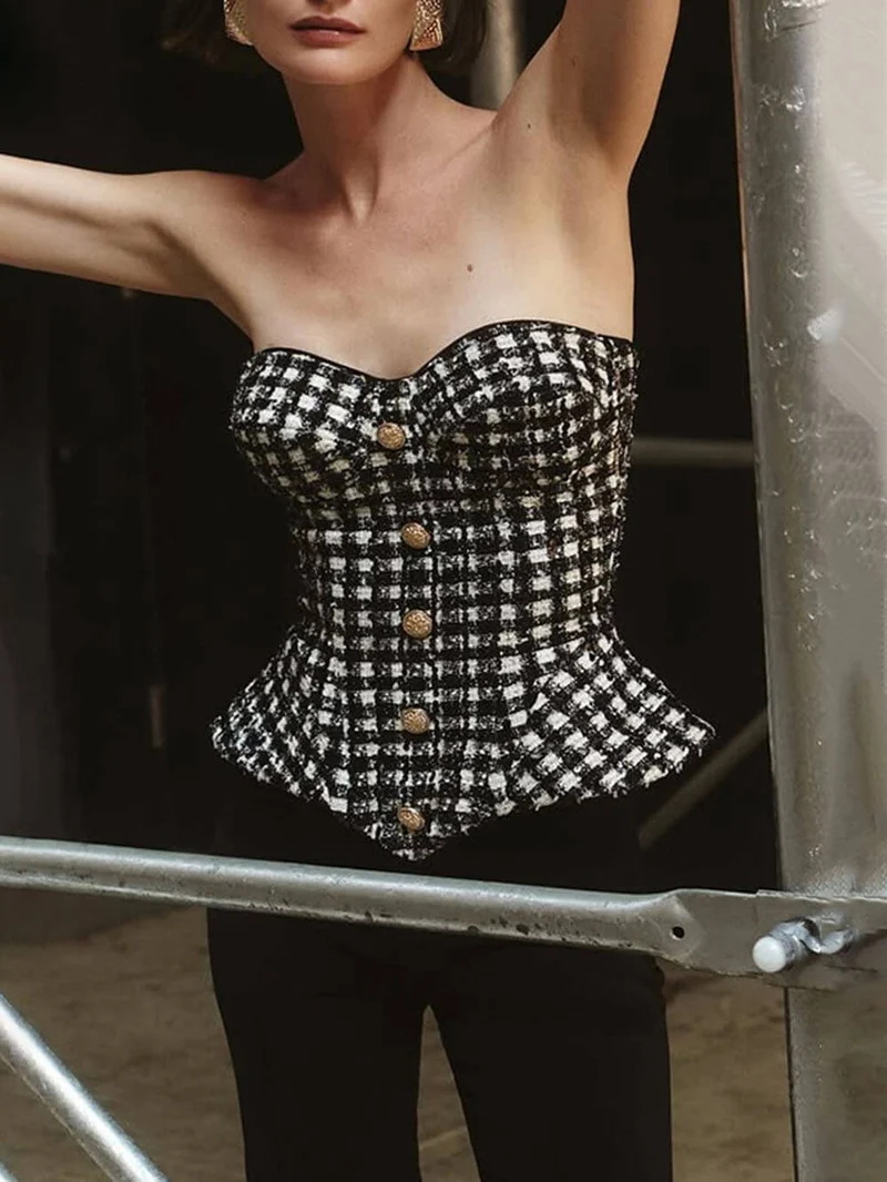 Retro Tweed Strapless Corset Top