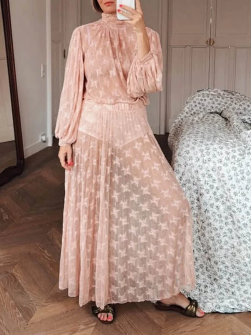 Elegant Mesh Ruffled Lace High-Neck Blouse & Elastic Waist Skirt Set