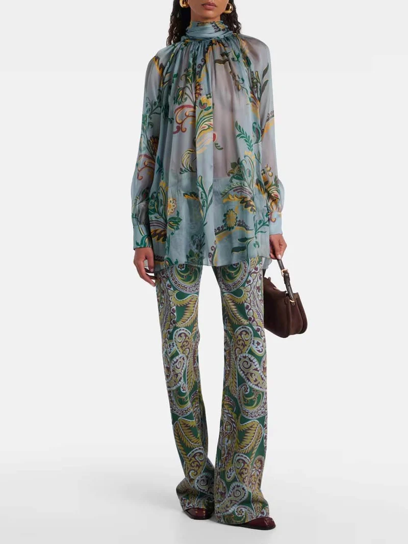 Delicate Floral Pleated Chiffon Blouse High-Waist Straight-Leg Pants Set