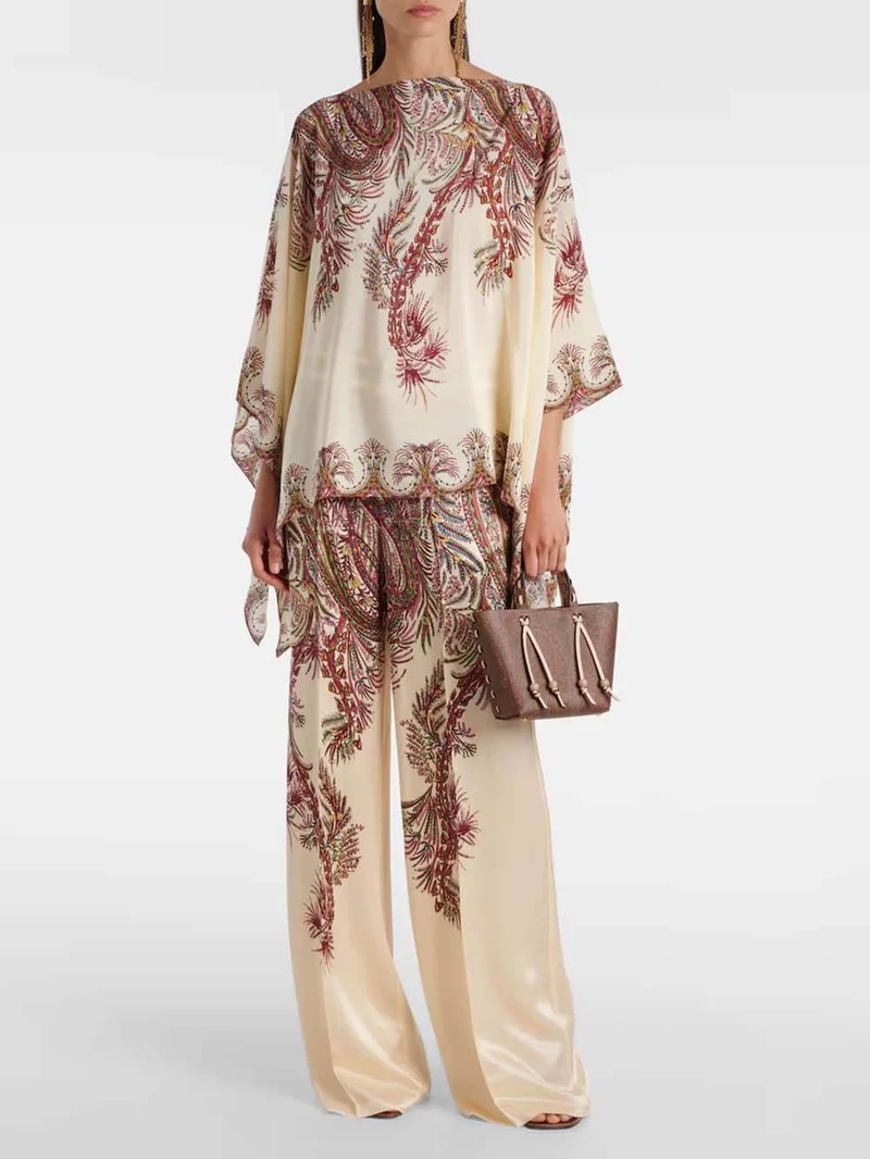 Exquisite Asymmetric Printed Satin Top & Elastic Waist Wide-Leg Pants Set