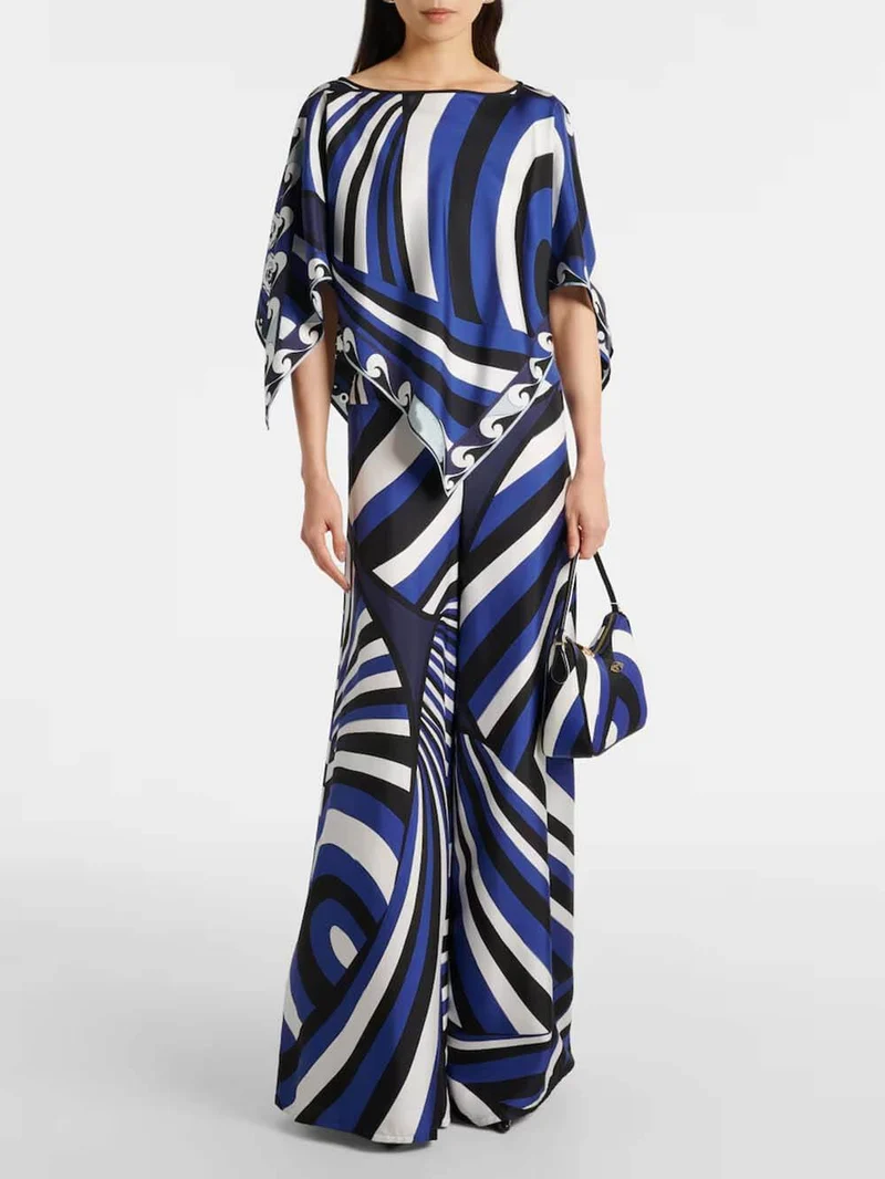 Unique Rainbow Print Satin Loose Top & Elastic Waist Wide-Leg Pants Set