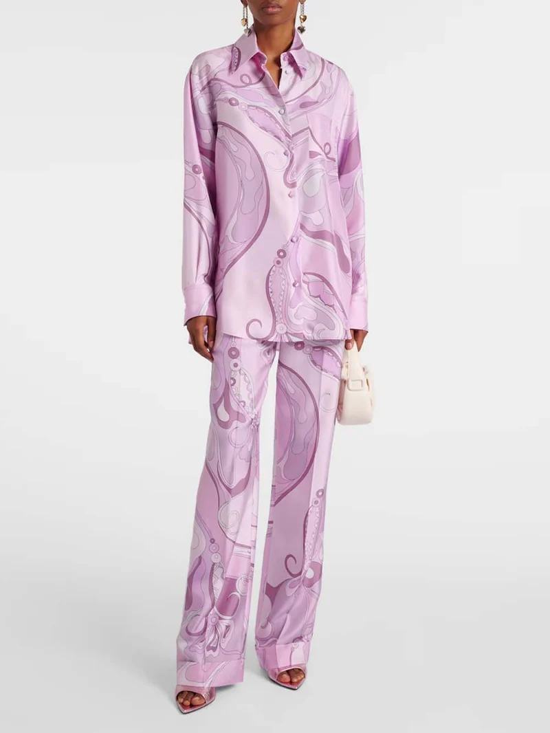 Exquisite Orchid Print Satin Twill Button Shirt & Straight-Leg Pants Set