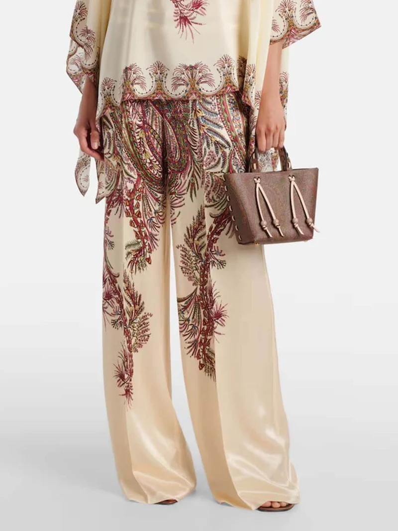 Exquisite Printed Satin Elastic Waist Loose Wide-Leg Pants