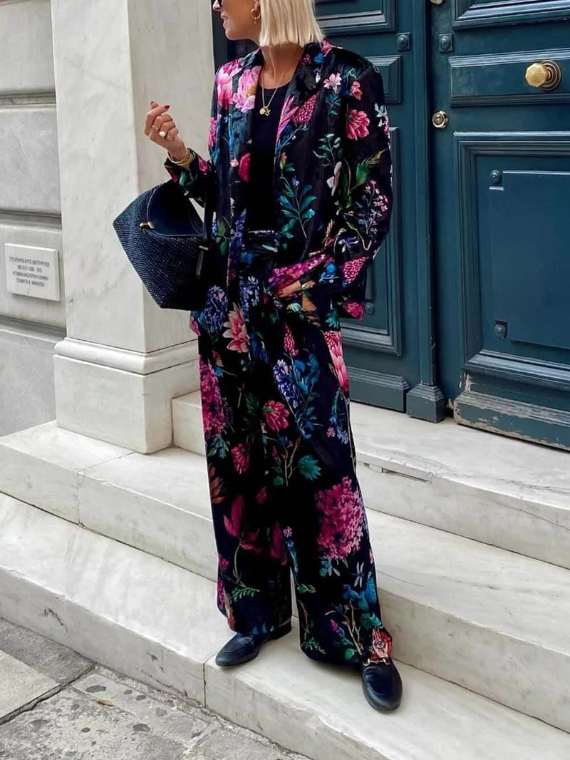 Retro Floral Print Blazer & High-Waist Wide-Leg Pants Set