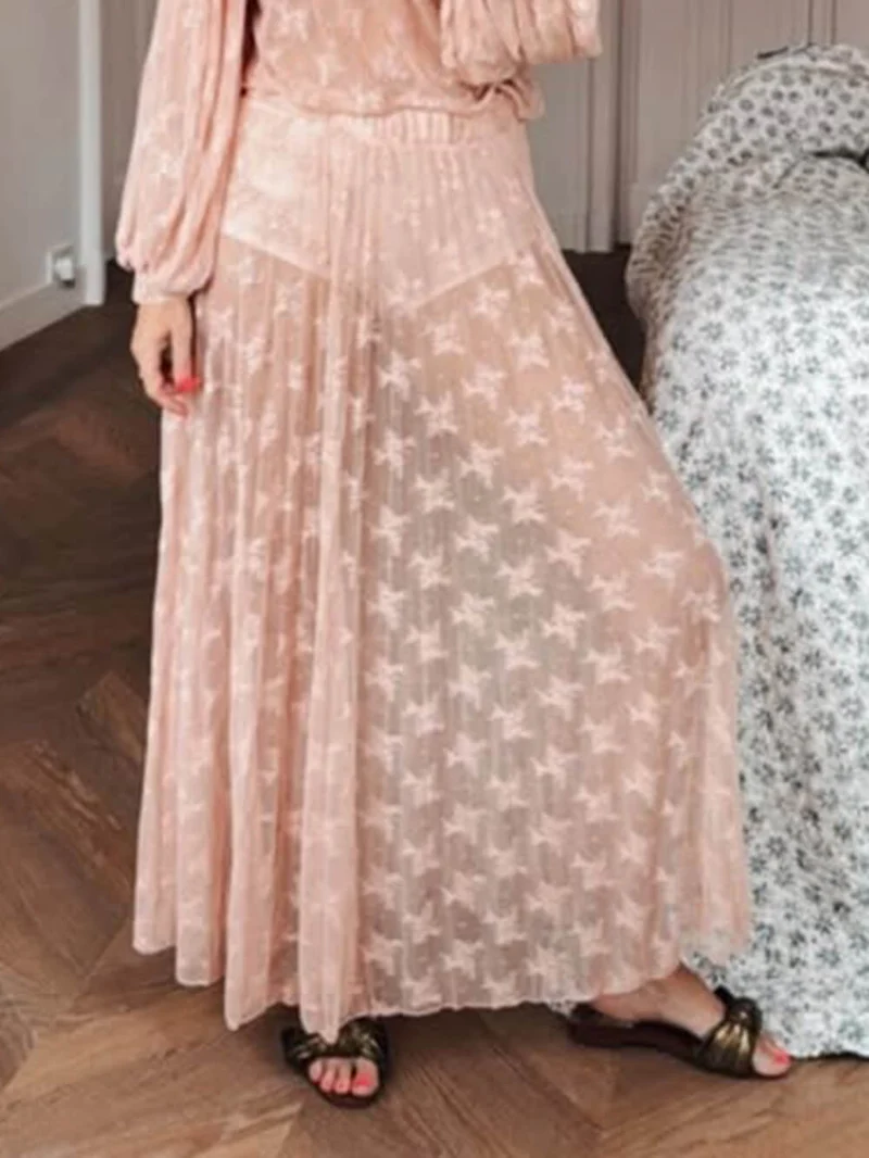 Elegant Mesh Pleated Lace Maxi Skirt