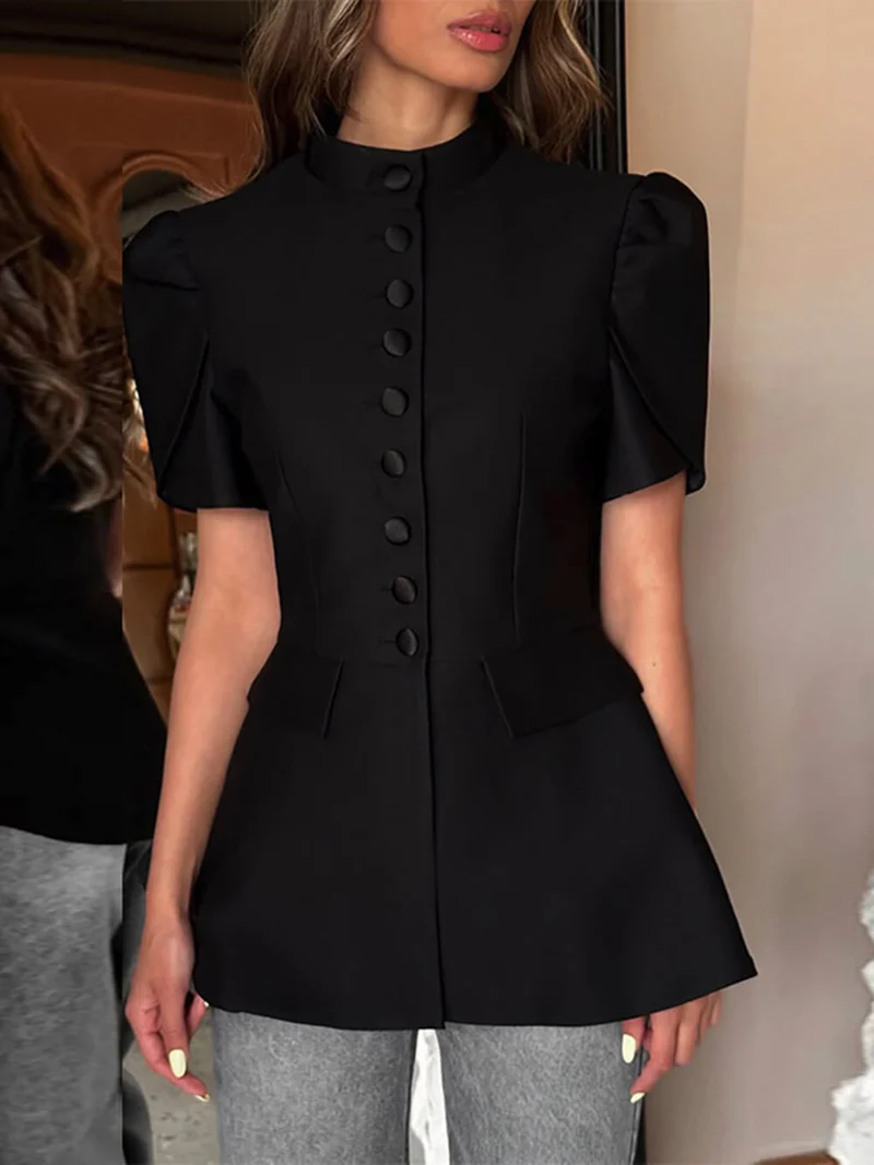 Sweet Stand Collar Single-Button High-Waist Top