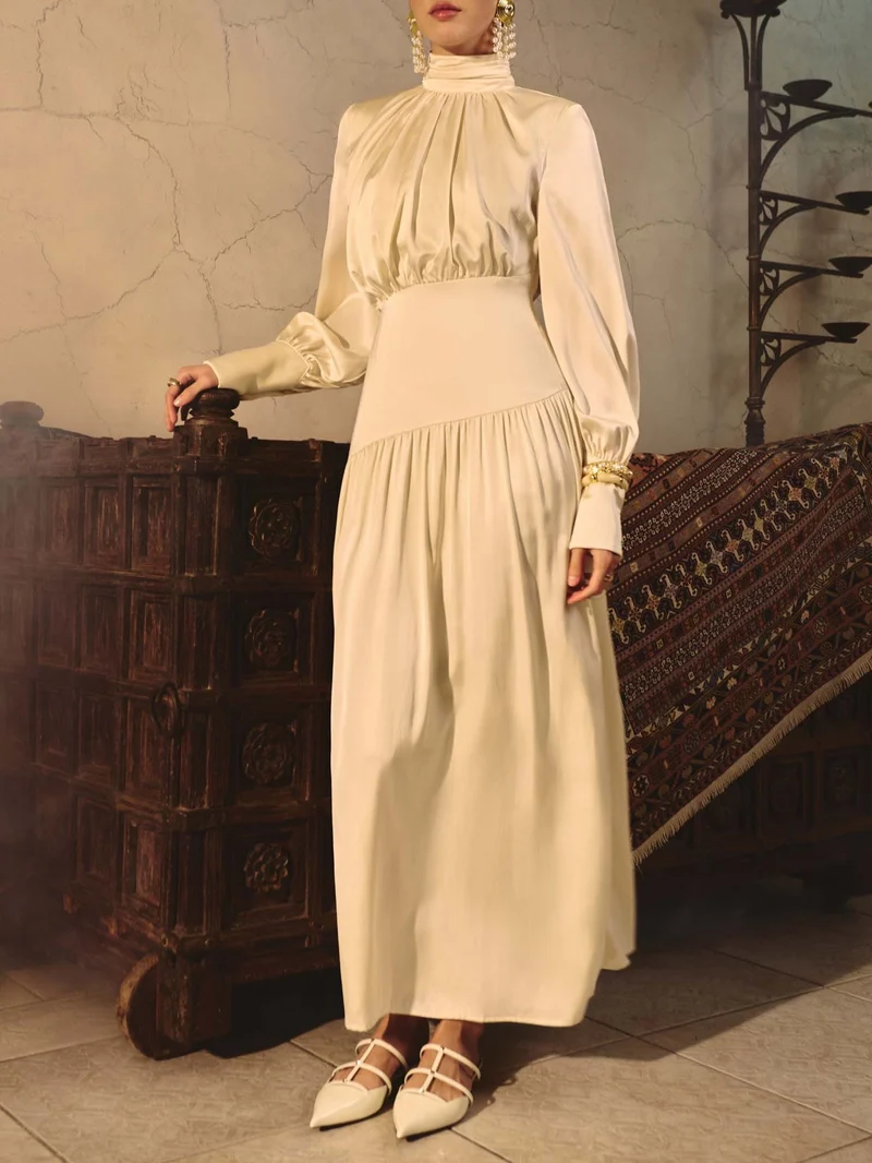 Elegant Satin Puff-sleeve Pleated Maxi Dress