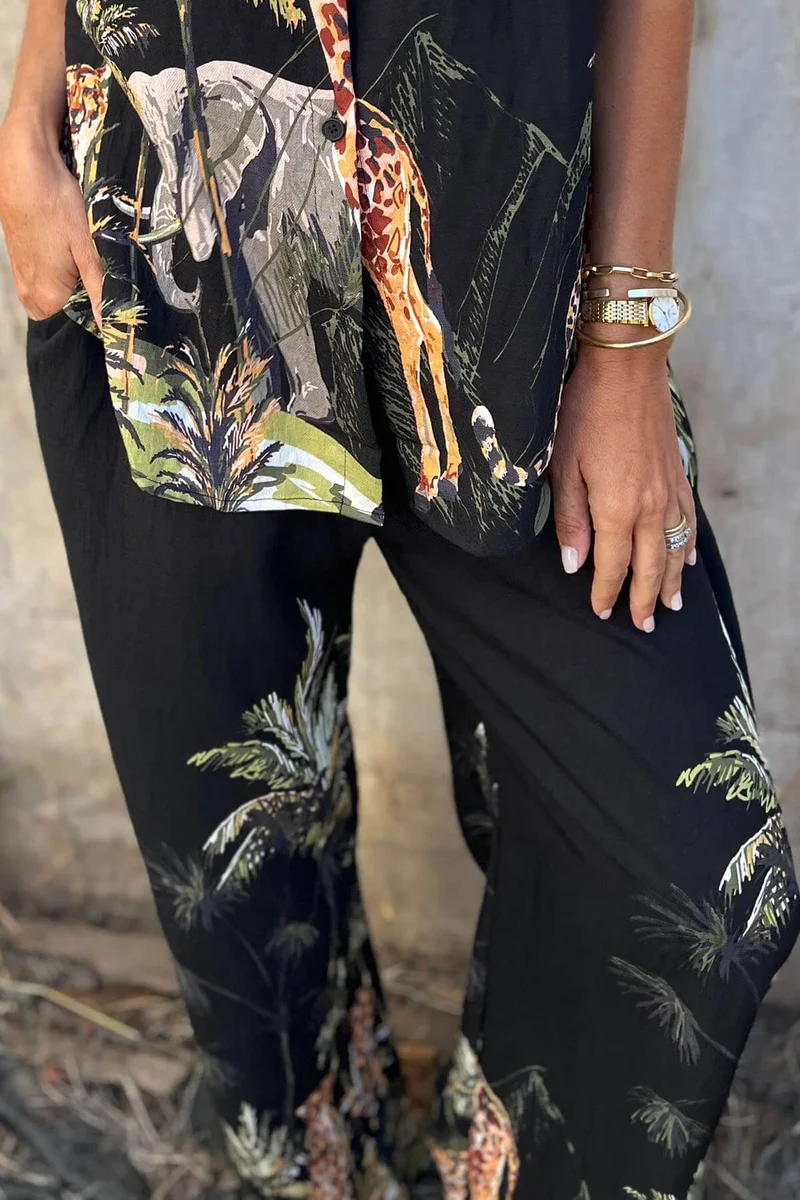 Unique Jungle Print Elastic Waist Pocket Wide-Leg Pants