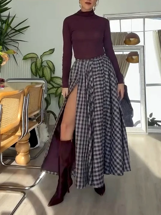 Elegant Plaid High-slit Maxi Skirt Two-piece Set