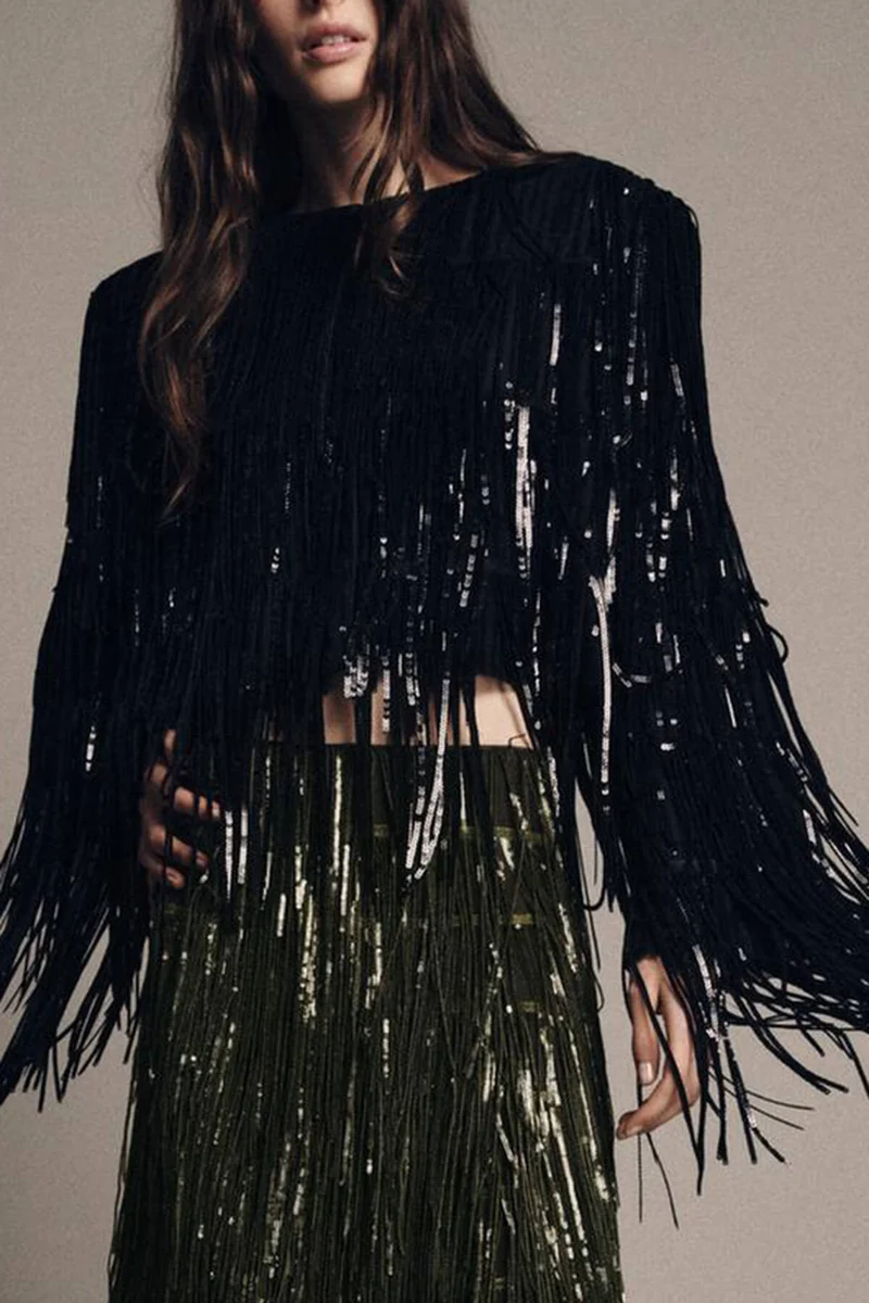 Exquisite Sequin Fringe Embellished Round-Neck Long-Sleeve Jacket
