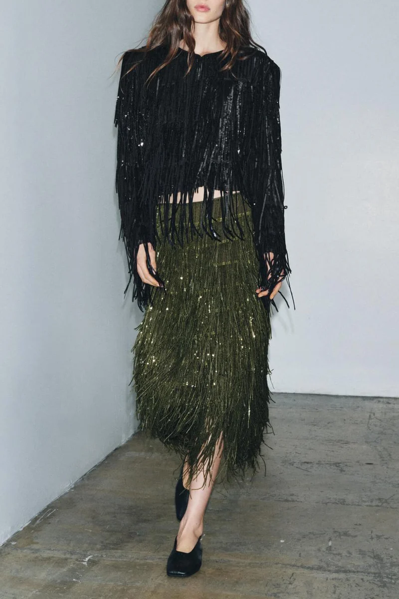 Exquisite Sequin Fringe Long-Sleeve Jacket And Skirt Set