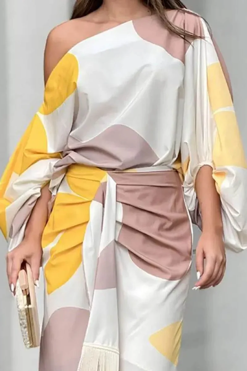 Fashionable Elegant Printed Ruched Lantern Sleeve Loose Blouse