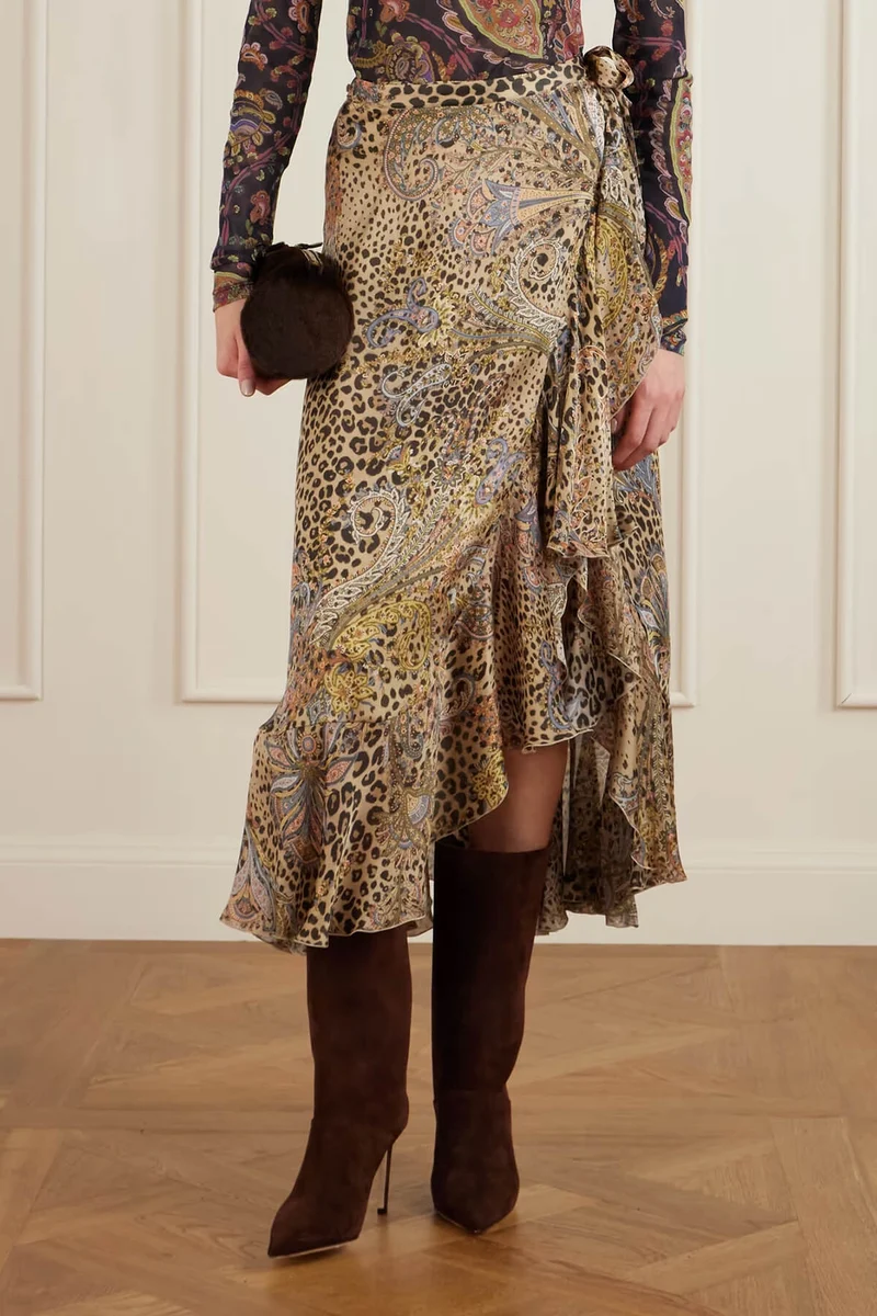 Unique Ruffled Leopard Print Paisley Satin Wrap Midi Skirt
