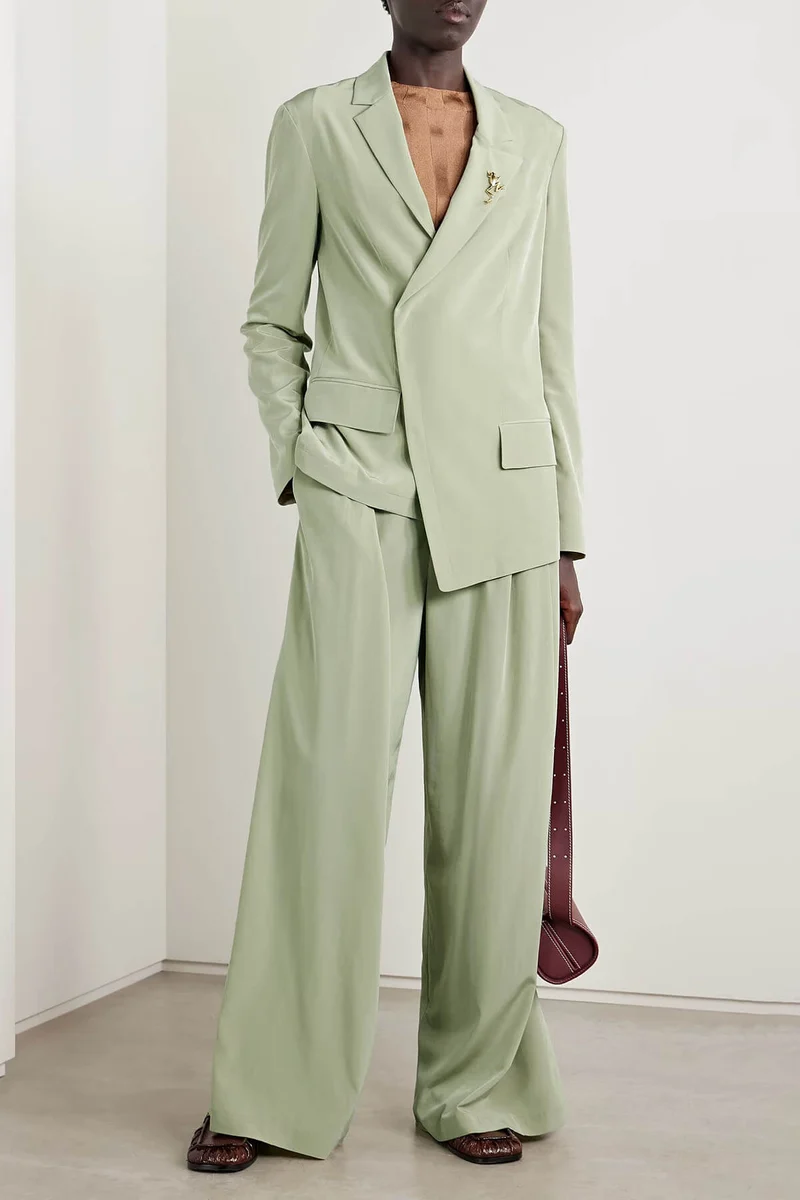 Fashion Asymmetric Crepe Blazer Pleated Pocket Wide-Leg Pants Set