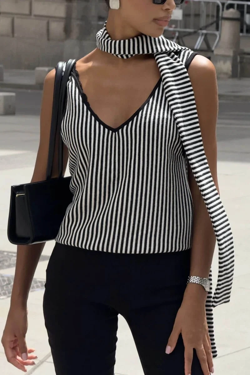 Casual Striped Print V-Neck Backless Cami Top
