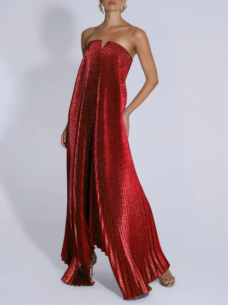 Elegant Strapless Gown With Shiny Pleated Maxi Dress