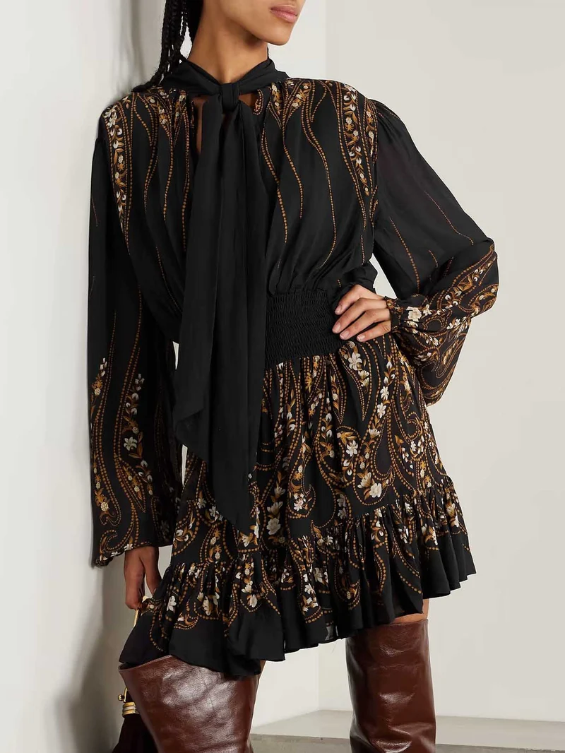 Tie-neck Printed Chiffon Flowy Mini Dress